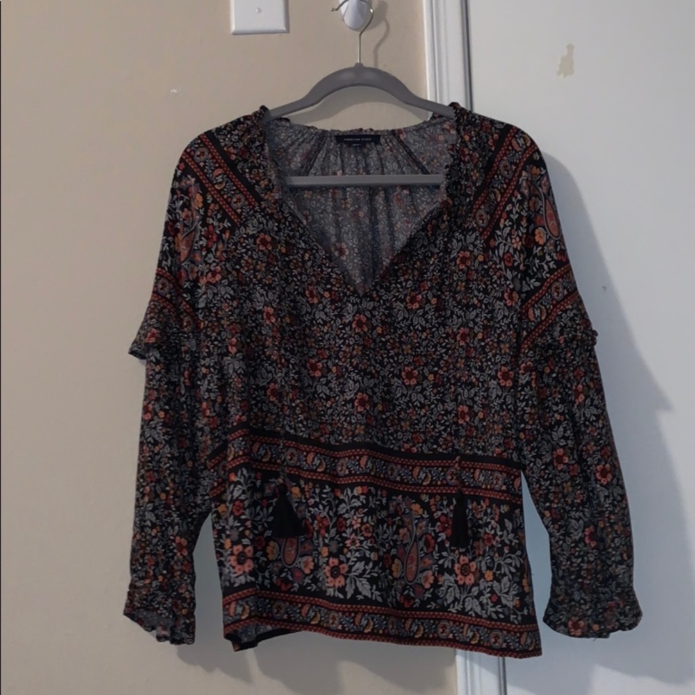 navy blue blouse w floral print and tassels wore 1